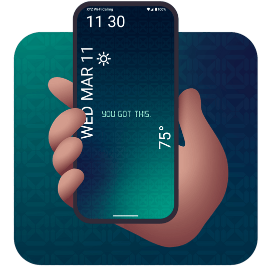 Hand holding a smartphone with motivational message on a blue gradient background