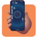 Hand holding a smartphone with a blue-themed app interface and writing that says "You're so much more than your job" on an orange background
