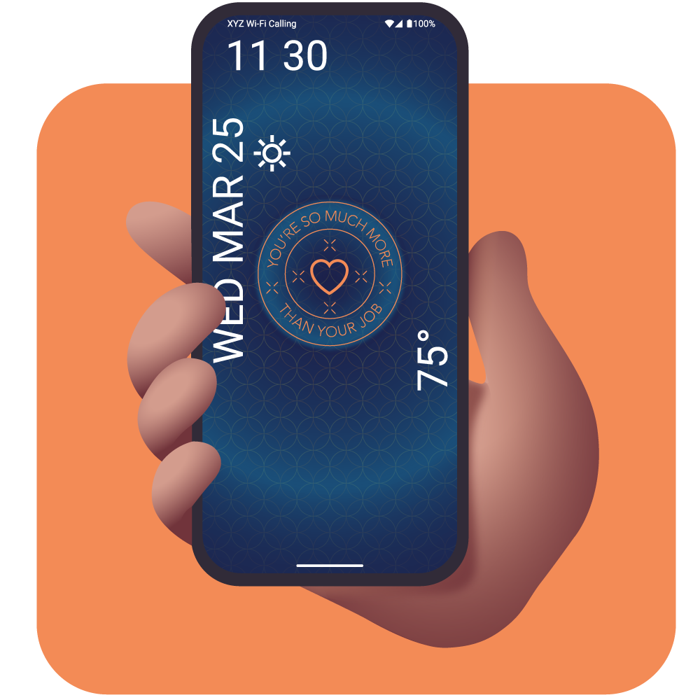 Hand holding a smartphone with a blue-themed app interface and writing that says "You're so much more than your job" on an orange background